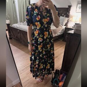 Women’s Black Floral Midi Dress - Casual Tiered Maxi